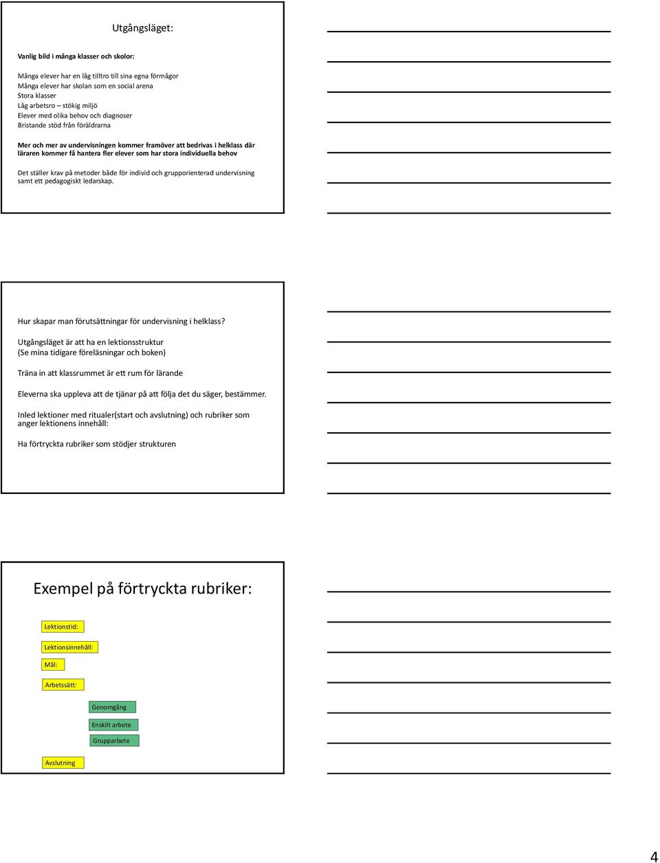 individuella behov Det ställer krav på metoder både för individ och grupporienterad undervisning samt ett pedagogiskt ledarskap. Hur skapar man förutsättningar för undervisning i helklass?