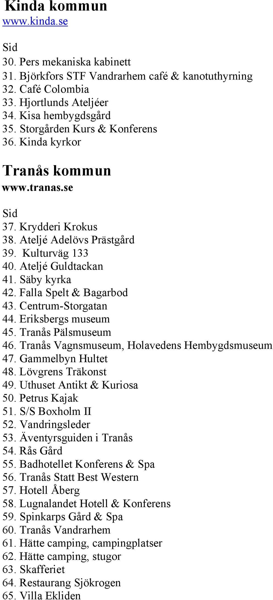 Falla Spelt & Bagarbod 43. Centrum-Storgatan 44. Eriksbergs museum 45. Tranås Pälsmuseum 46. Tranås Vagnsmuseum, Holavedens Hembygdsmuseum 47. Gammelbyn Hultet 48. Lövgrens Träkonst 49.