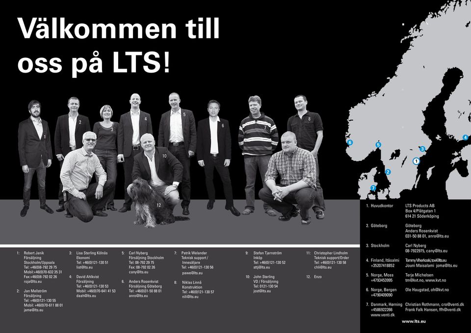 eu 2: Jan Mellström Försäljning Tel: +46(0)121-130 55 Mobil: +46(0)-611 88 01 jame@lts.eu 3: Lisa Sterling Kölnäs Ekonomi Tel: +46(0)121-130 51 list@lts.