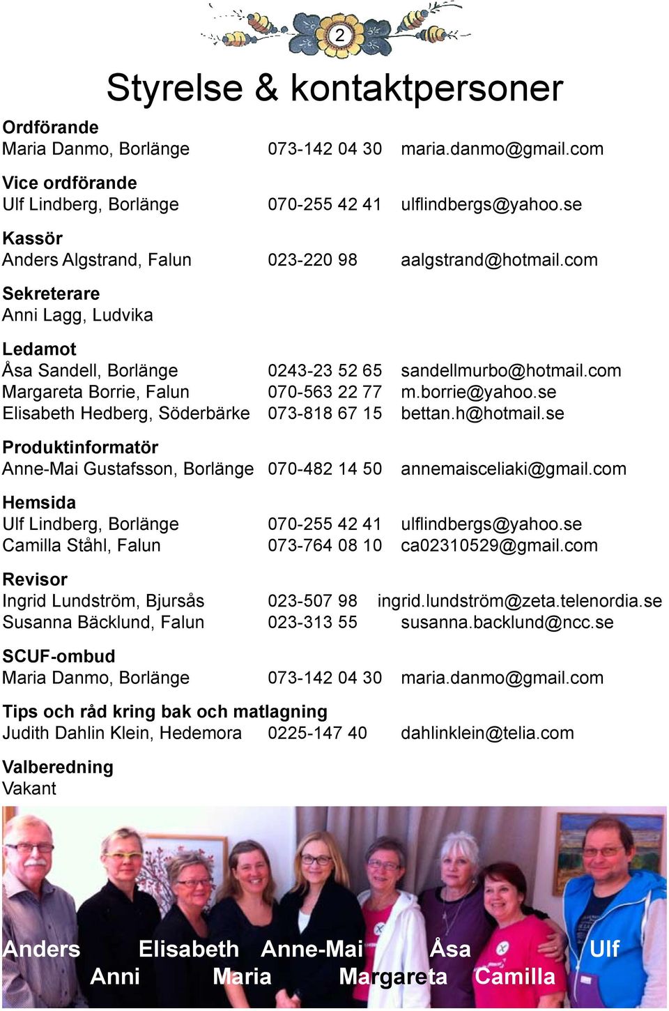 com Margareta Borrie, Falun 070-563 22 77 m.borrie@yahoo.se Elisabeth Hedberg, Söderbärke 073-818 67 15 bettan.h@hotmail.