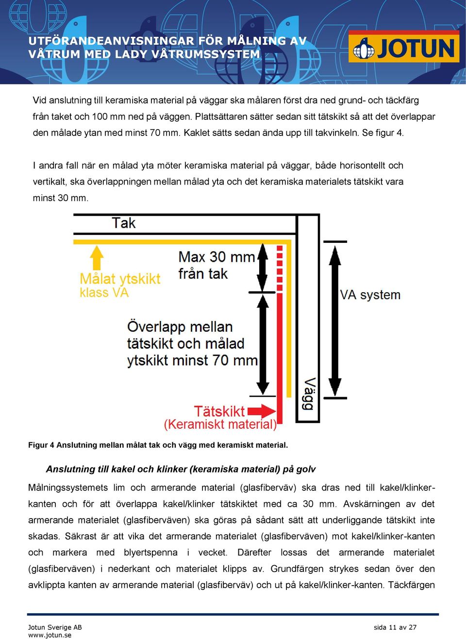 I andra fall när en målad yta möter keramiska material på väggar, både horisontellt och vertikalt, ska överlappningen mellan målad yta och det keramiska materialets tätskikt vara minst 30 mm.