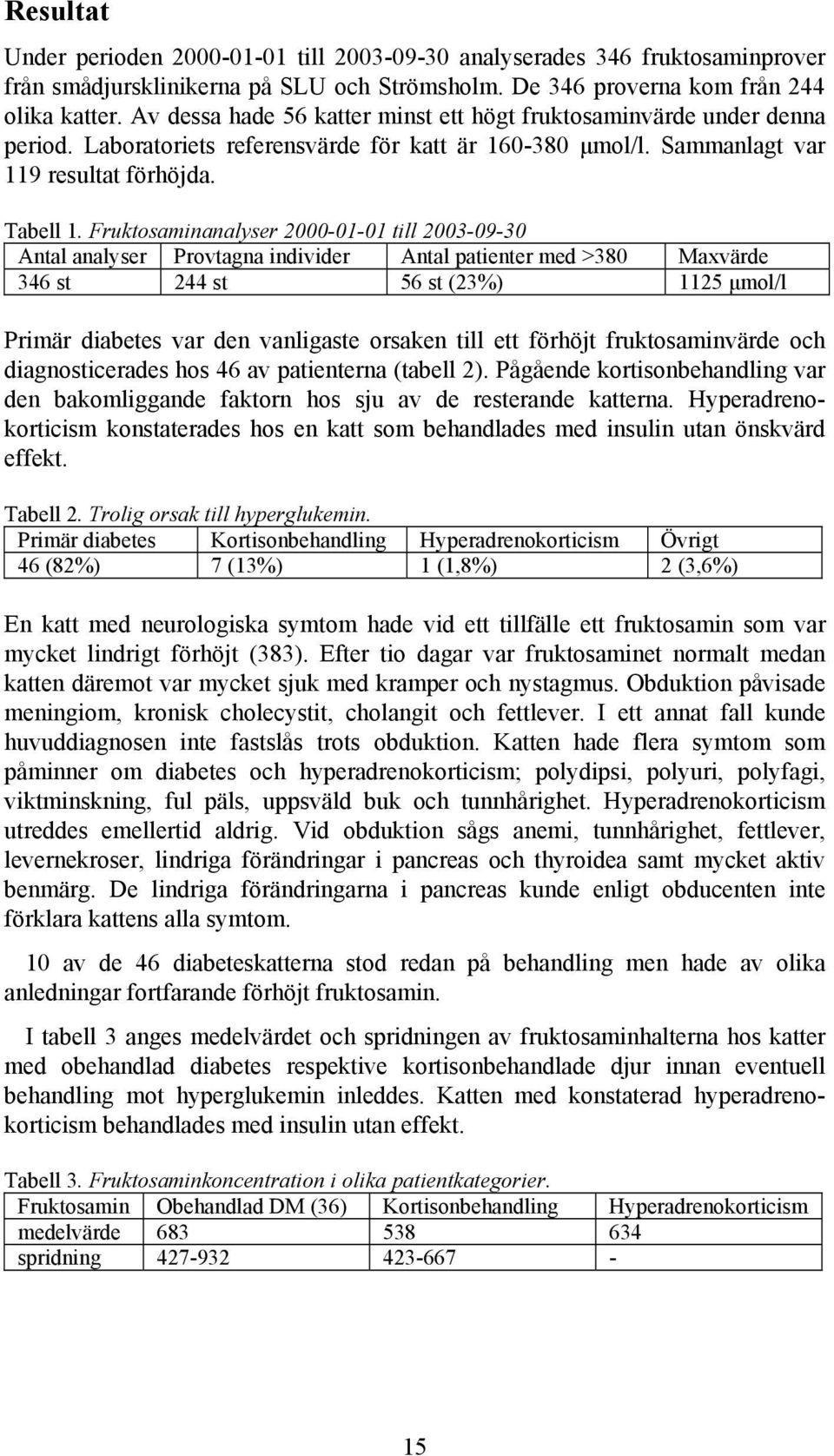 Fruktosaminanalyser 2000-01-01 till 2003-09-30 Antal analyser Provtagna individer Antal patienter med >380 Maxvärde 346 st 244 st 56 st (23%) 1125 µmol/l Primär diabetes var den vanligaste orsaken