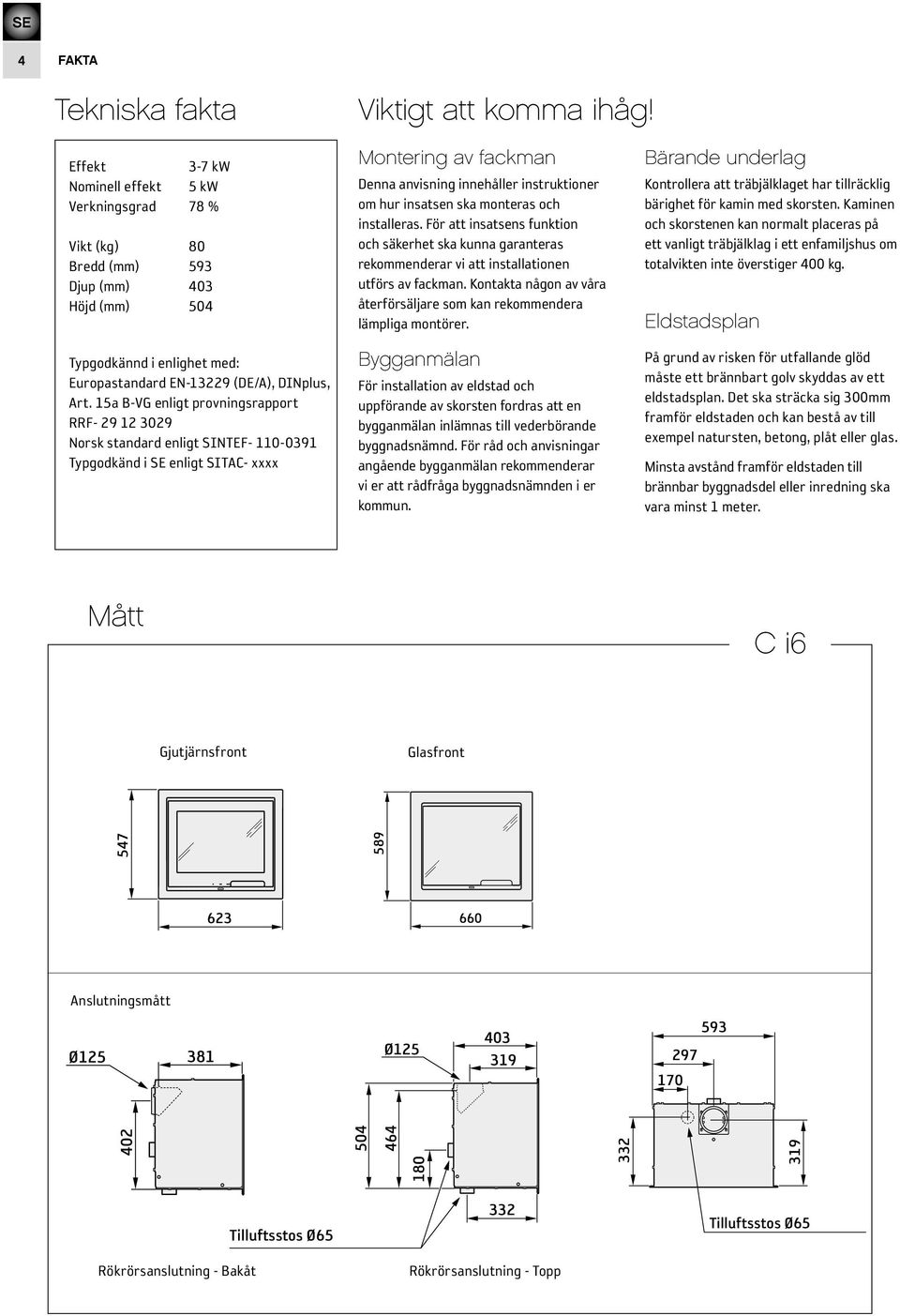 15a B-VG enligt provningsrapport RRF- 29 12 3029 Norsk standard enligt SINTEF- 110-0391 Typgodkänd i SE enligt SITAC- xxxx Montering av fackman Denna anvisning innehåller instruktioner om hur