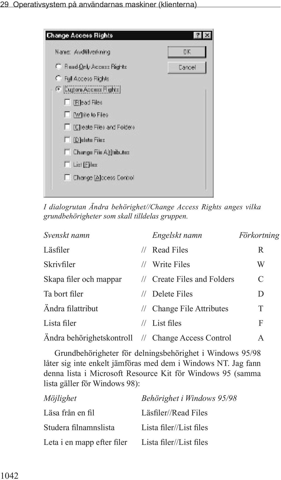 Change File Attributes T Lista filer // List files F Ändra behörighetskontroll // Change Access Control Grundbehörigheter för delningsbehörighet i Windows 95/98 låter sig inte enkelt jämföras med dem