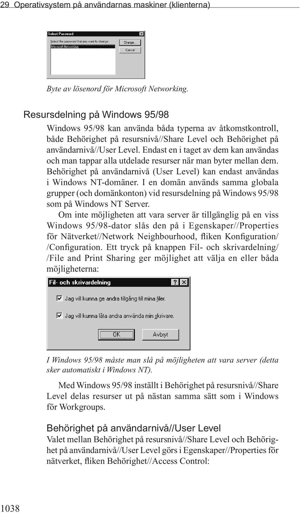 Endast en i taget av dem kan användas och man tappar alla utdelade resurser när man byter mellan dem. Behörighet på användarnivå (User Level) kan endast användas i Windows NT-domäner.