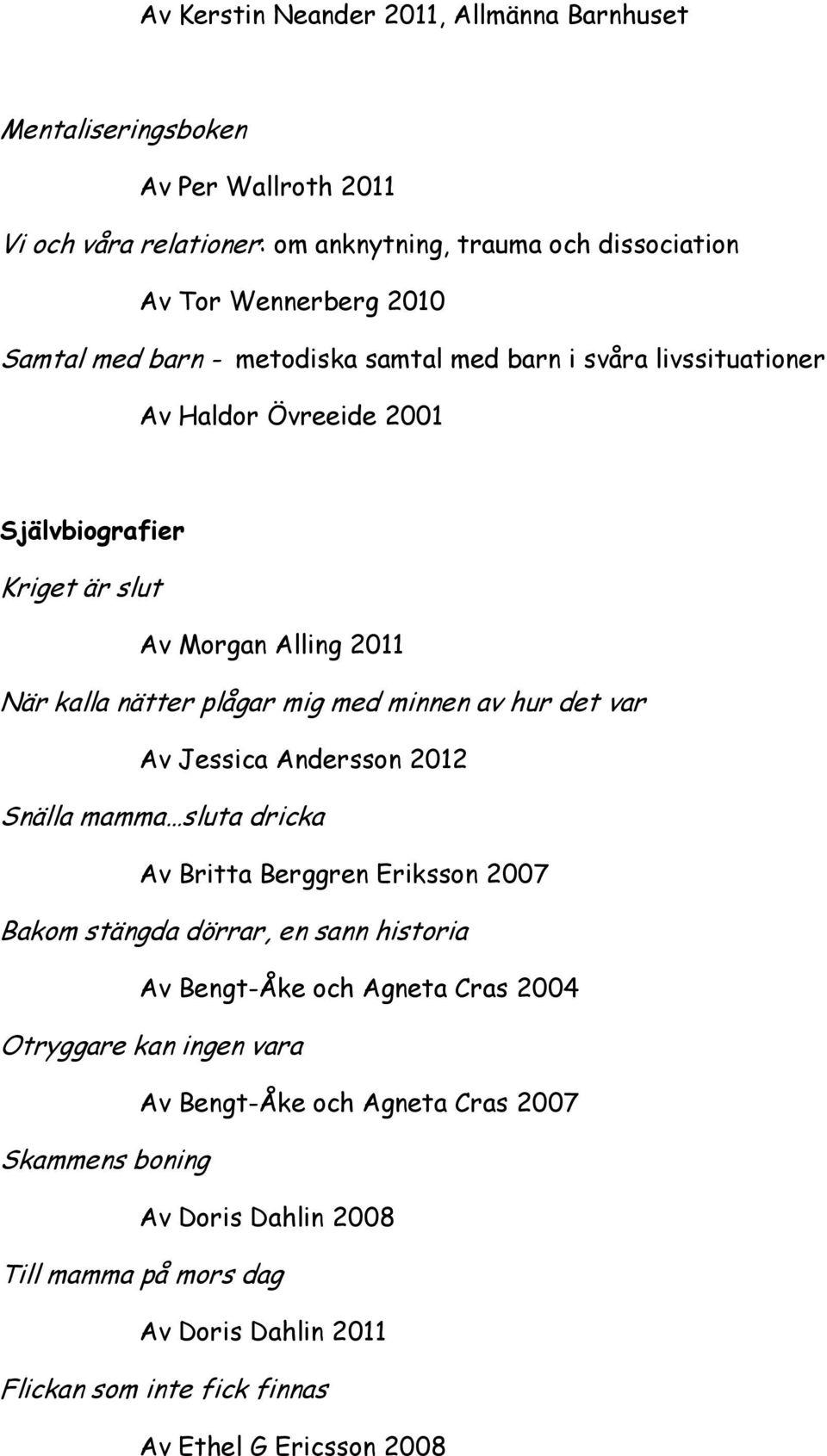 hur det var Av Jessica Andersson 2012 Snälla mamma sluta dricka Av Britta Berggren Eriksson 2007 Bakom stängda dörrar, en sann historia Av Bengt-Åke och Agneta Cras 2004 Otryggare