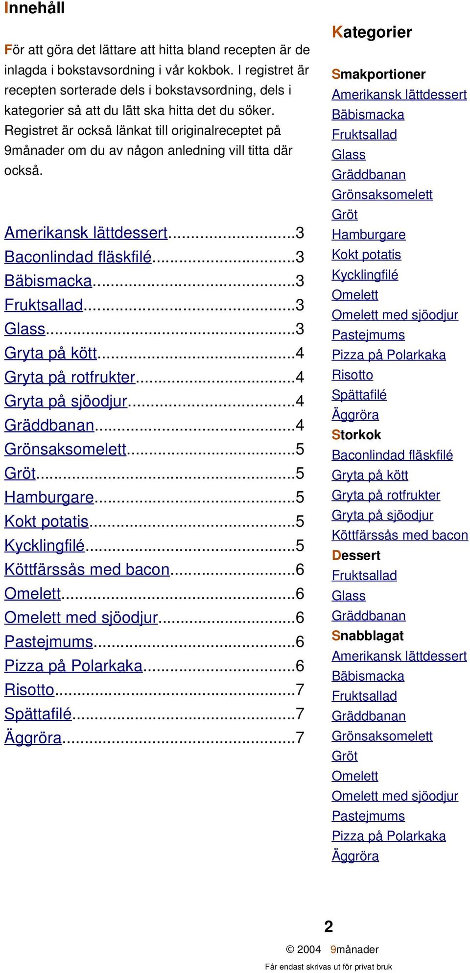 Registret är också länkat till originalreceptet på 9månader om du av någon anledning vill titta där också. Amerikansk lättdessert...3 Baconlindad fläskfilé...3 Bäbismacka...3...3 Glass.