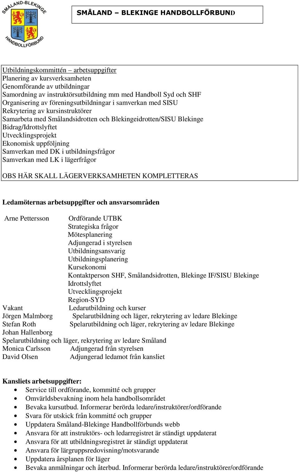 utbildningsfrågor Samverkan med LK i lägerfrågor OBS HÄR SKALL LÄGERVERKSAMHETEN KOMPLETTERAS Ledamöternas arbetsuppgifter och ansvarsområden Arne Pettersson Ordförande UTBK Strategiska frågor