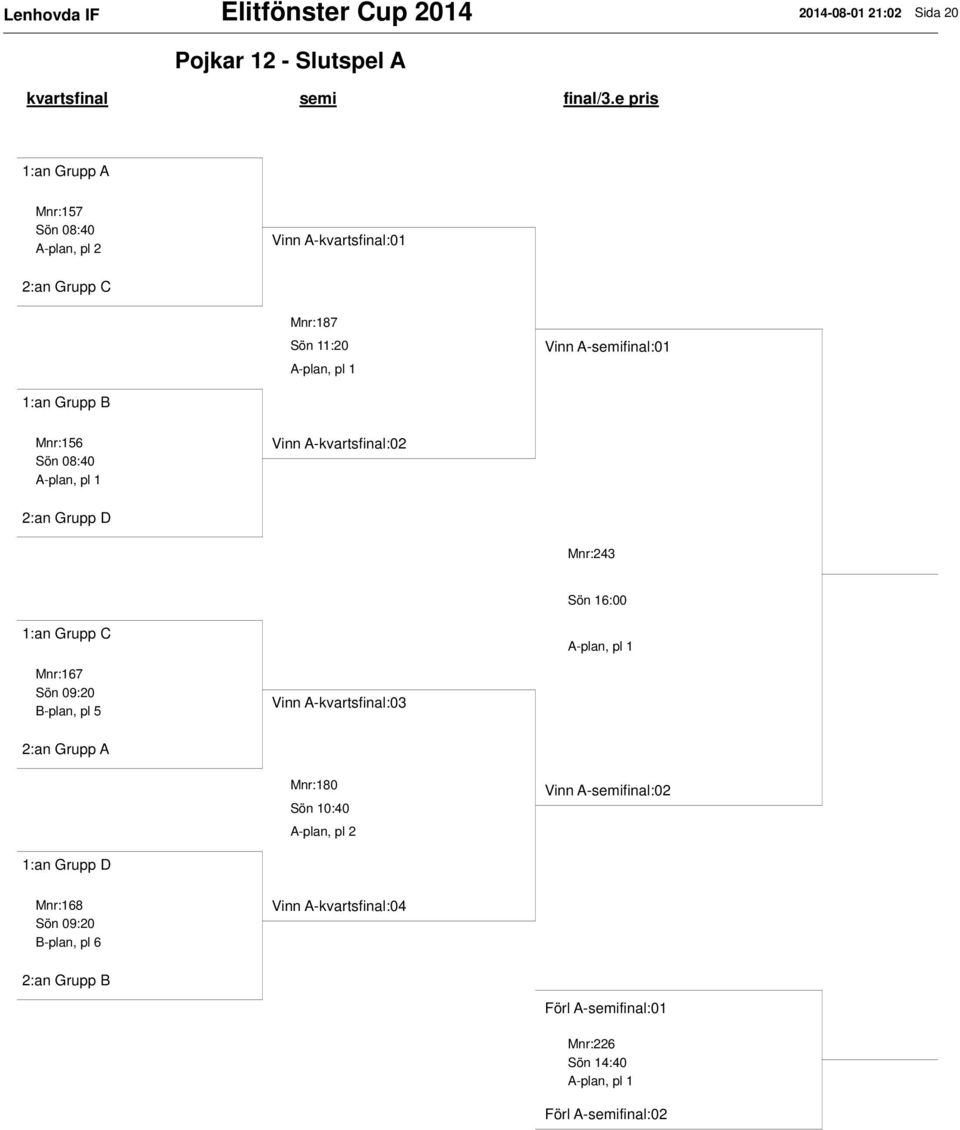 08:40 A-plan, pl 1 Vinn A-kvartsfinal:02 2:an Grupp D Mnr:243 Sön 16:00 1:an Grupp C A-plan, pl 1 Mnr:167 Sön 09:20 B-plan, pl 5 Vinn A-kvartsfinal:03