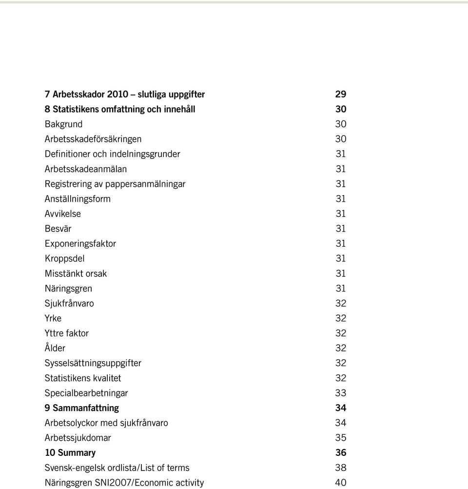 31 Misstänkt orsak 31 Näringsgren 31 Sjukfrånvaro 32 Yrke 32 Yttre faktor 32 Ålder 32 Sysselsättningsuppgifter 32 Statistikens kvalitet 32