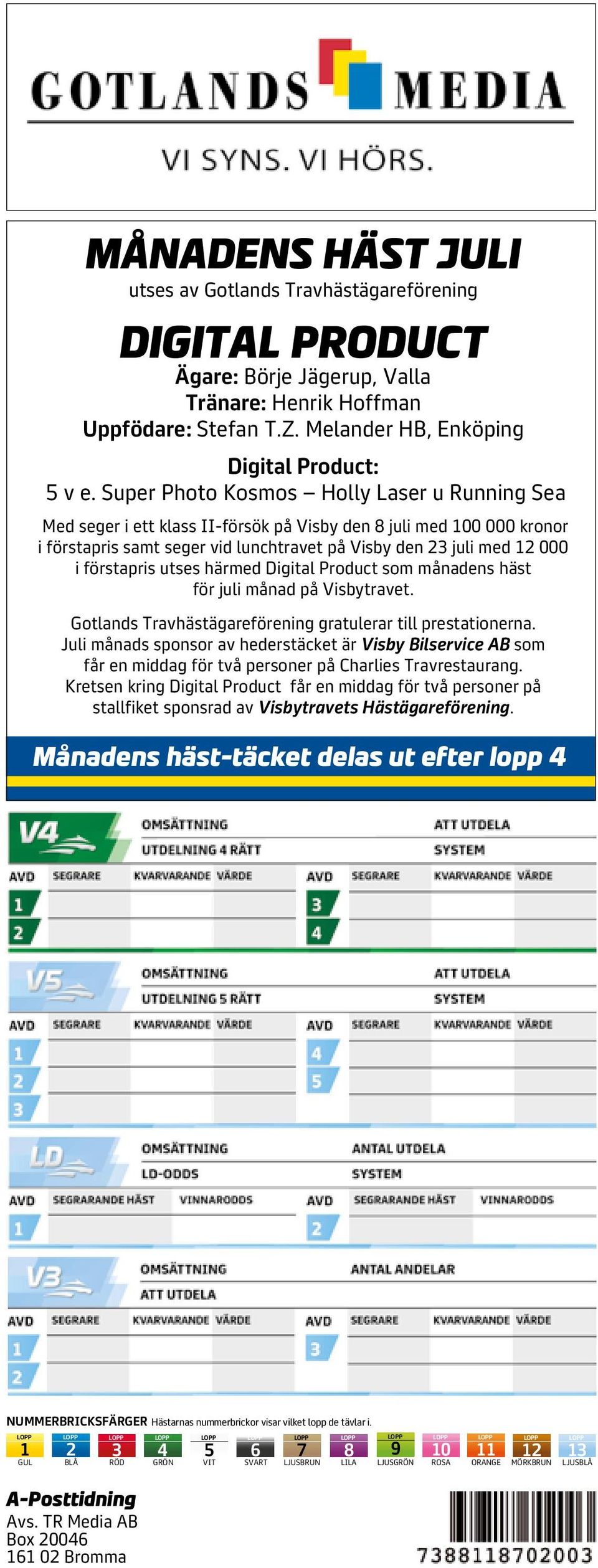 härmed Digital Product som månadens häst för juli månad på Visbytravet. Gotlands Travhästägareförening gratulerar till prestationerna.