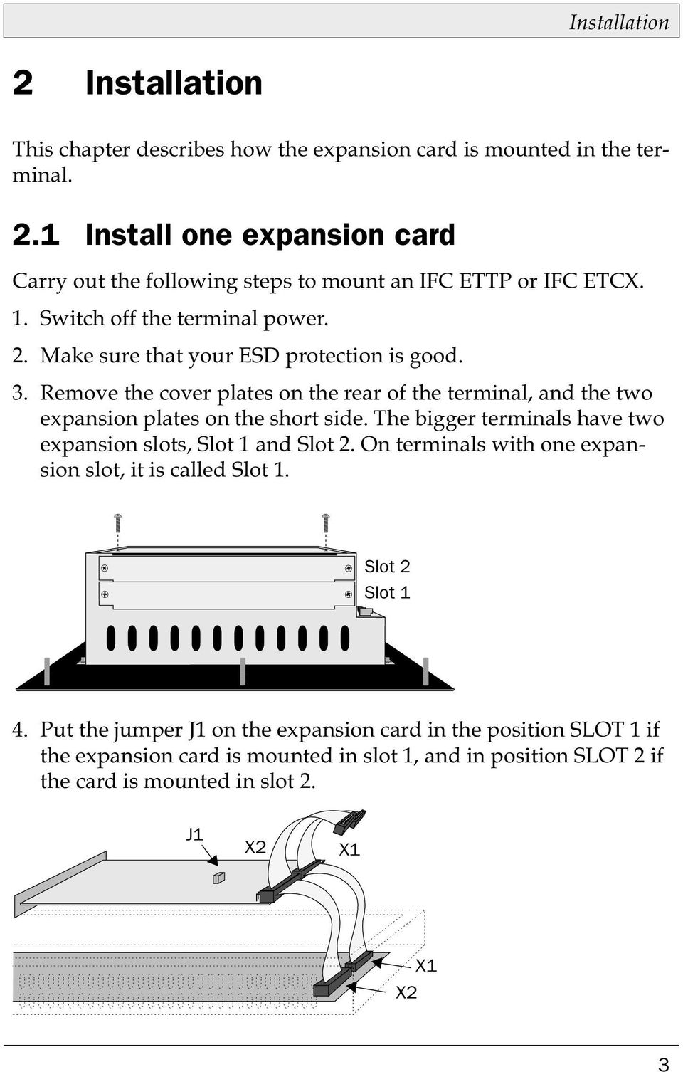 Remove the cover plates on the rear of the terminal, and the two expansion plates on the short side. The bigger terminals have two expansion slots, Slot 1 and Slot 2.