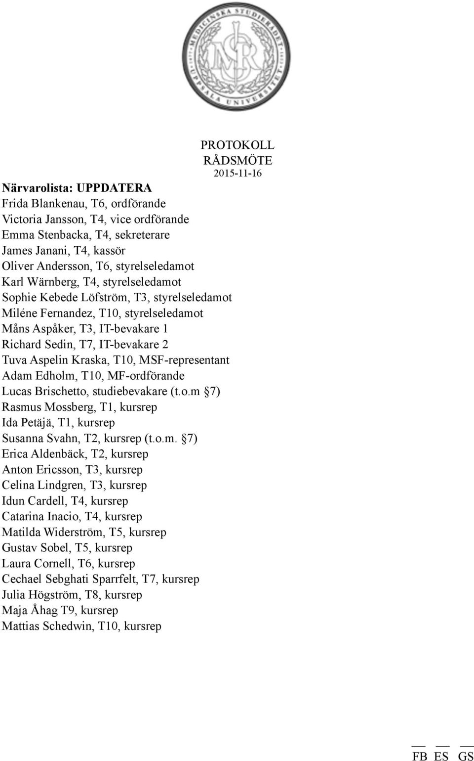 IT-bevakare 2 Tuva Aspelin Kraska, T10, MSF-representant Adam Edholm, T10, MF-ordförande Lucas Brischetto, studiebevakare (t.o.m 7) Rasmus Mossberg, T1, kursrep Ida Petäjä, T1, kursrep Susanna Svahn, T2, kursrep (t.