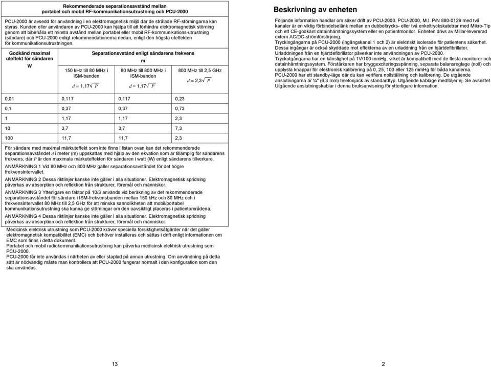 Kunden eller användaren av PCU-2000 kan hjälpa till att förhindra elektromagnetisk störning genom att bibehålla ett minsta avstånd mellan portabel eller mobil RF-kommunikations-utrustning (sändare)