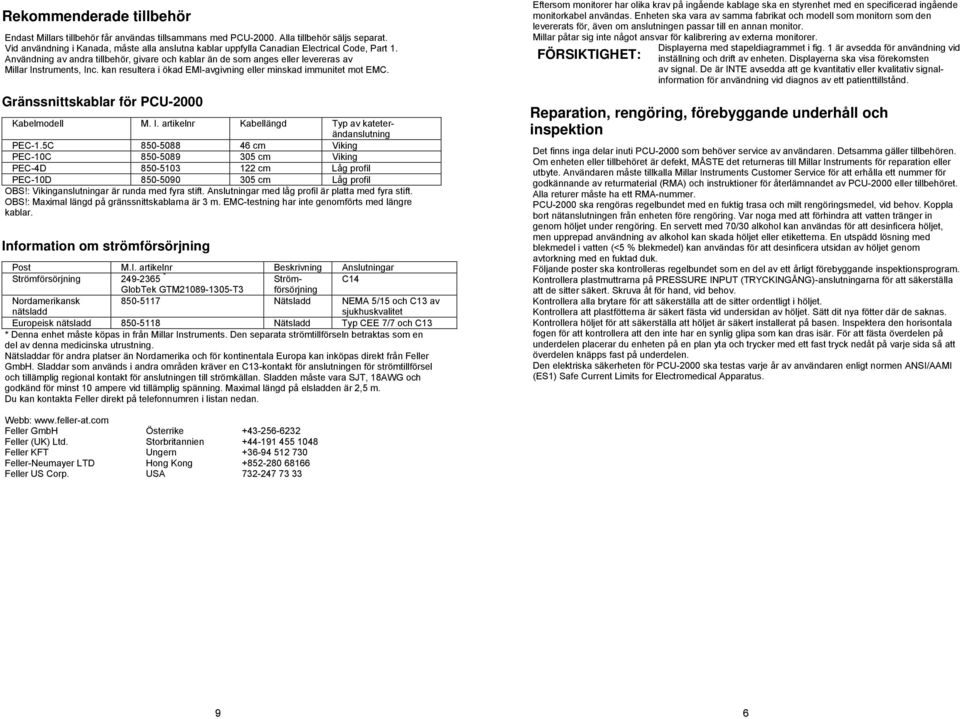 Användning av andra tillbehör, givare och kablar än de som anges eller levereras av Millar Instruments, Inc. kan resultera i ökad EMI-avgivning eller minskad immunitet mot EMC.