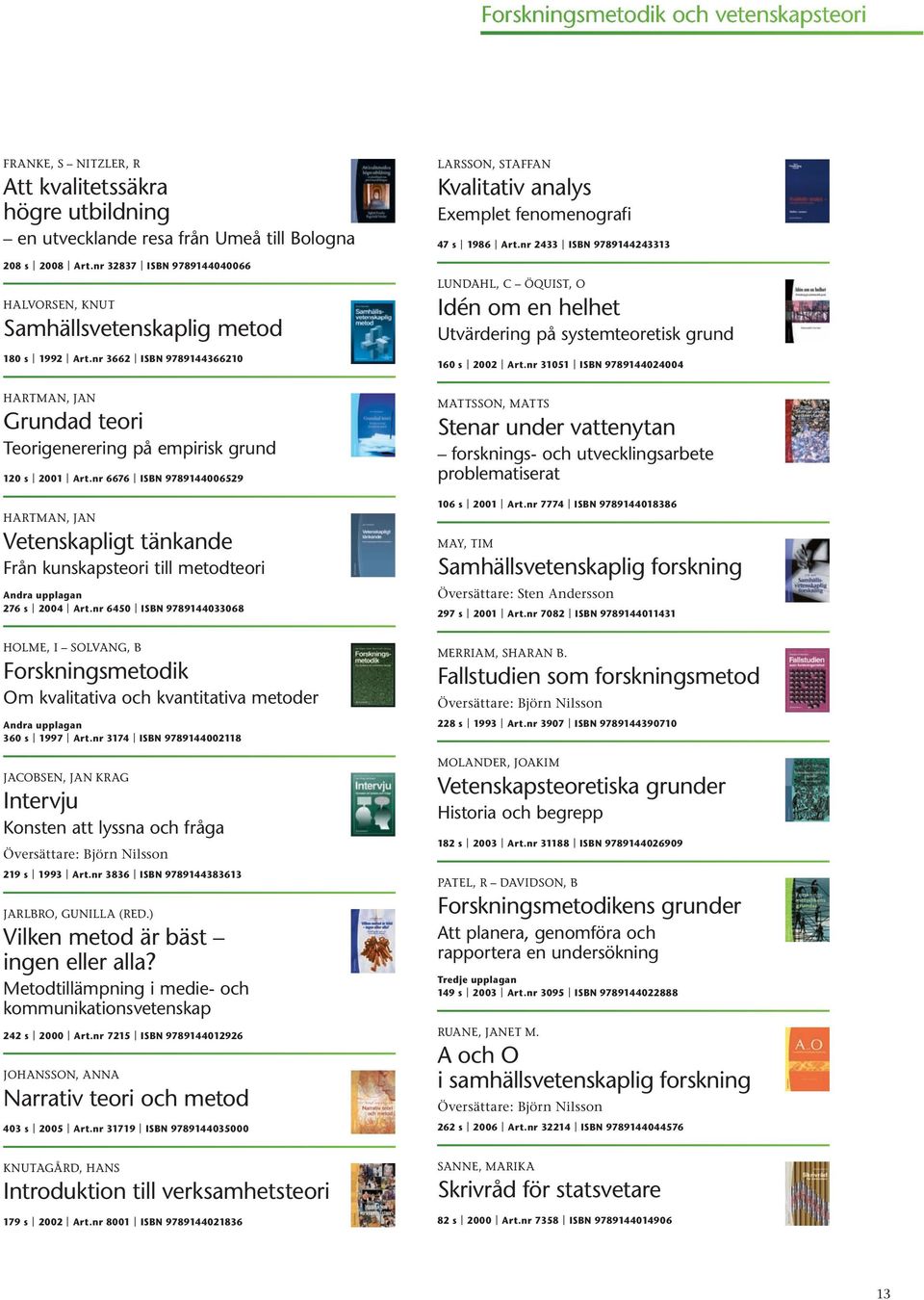 nr 3662 ISBN 9789144366210 hartman, JAn Grundad teori Teorigenerering på empirisk grund 120 s 2001 Art.nr 6676 ISBN 9789144006529 Idén om en helhet Utvärdering på systemteoretisk grund 160 s 2002 Art.