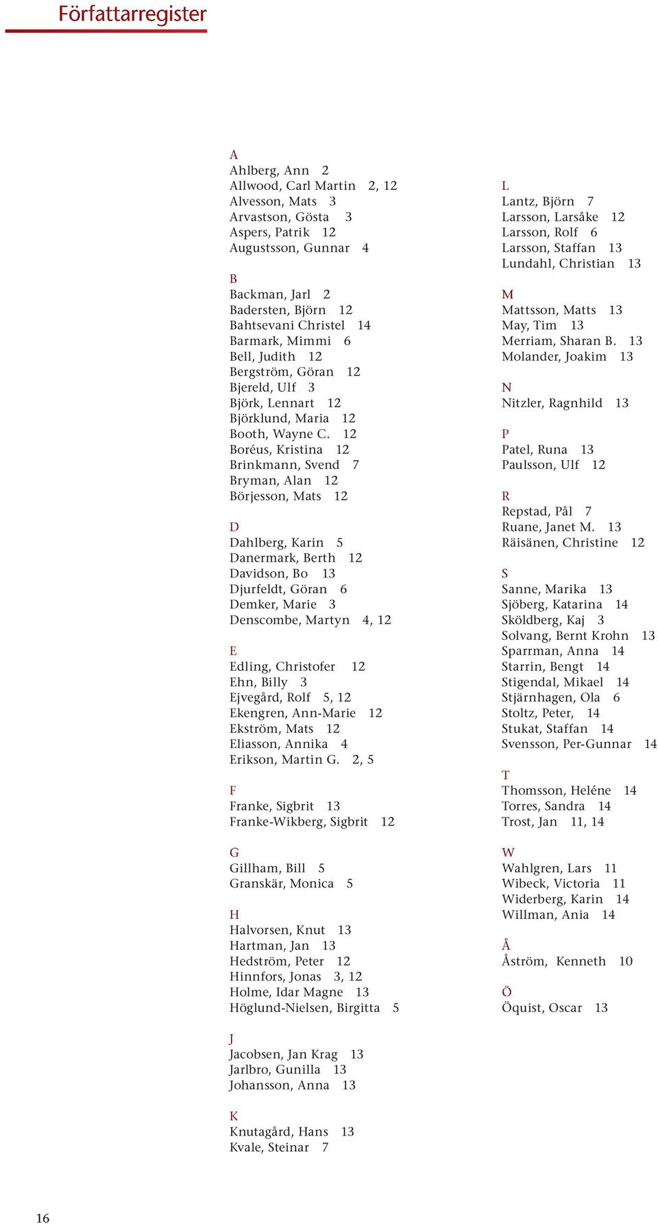 12 Boréus, Kristina 12 Brinkmann, Svend 7 Bryman, Alan 12 Börjesson, Mats 12 D Dahlberg, Karin 5 Danermark, Berth 12 Davidson, Bo 13 Djurfeldt, Göran 6 Demker, Marie 3 Denscombe, Martyn 4, 12 E