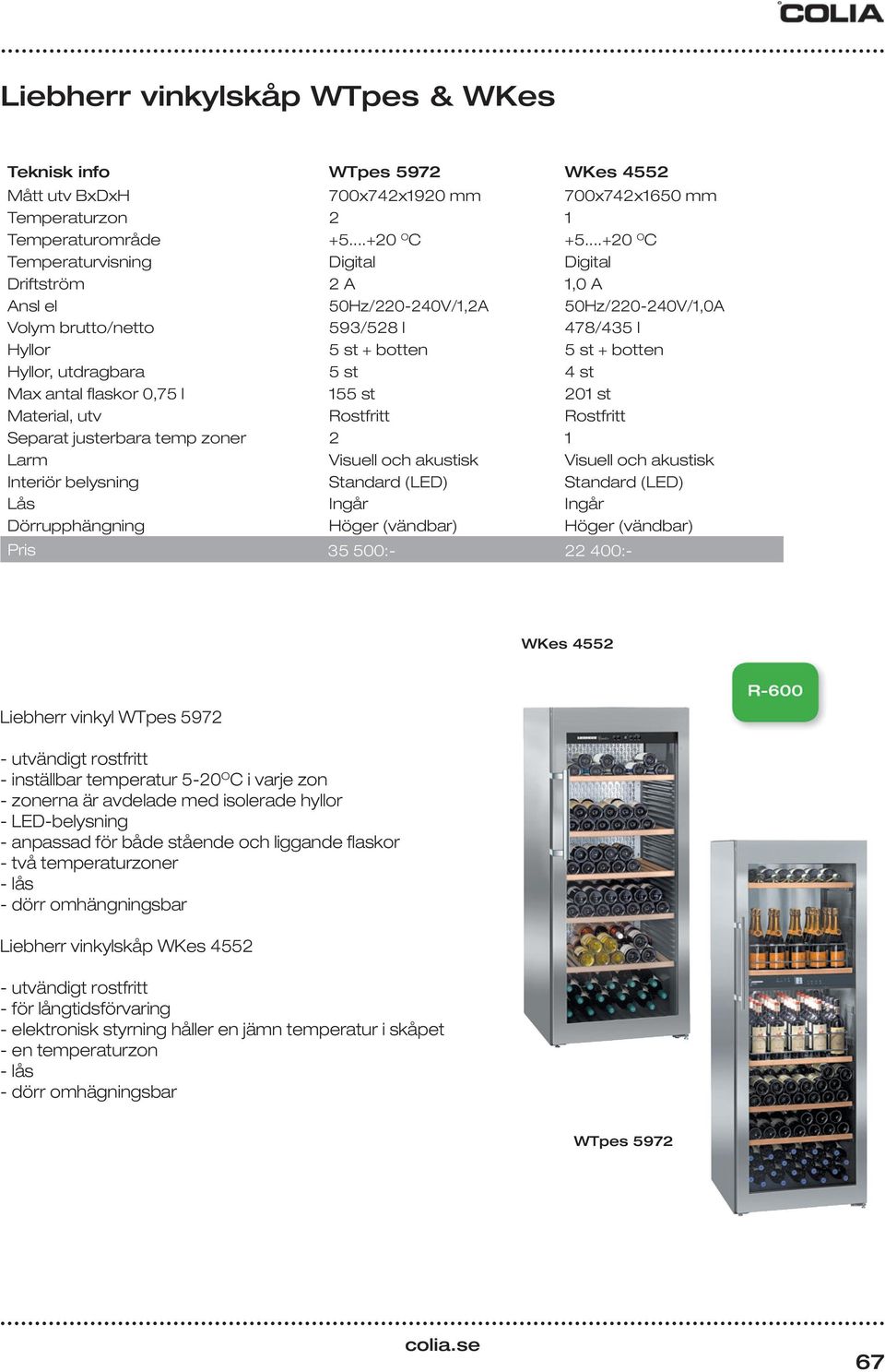 utdragbara 5 st 4 st Max antal flaskor 0,75 l 155 st 201 st Material, utv Rostfritt Rostfritt Separat justerbara temp zoner 2 1 Larm Visuell och akustisk Visuell och akustisk Interiör belysning