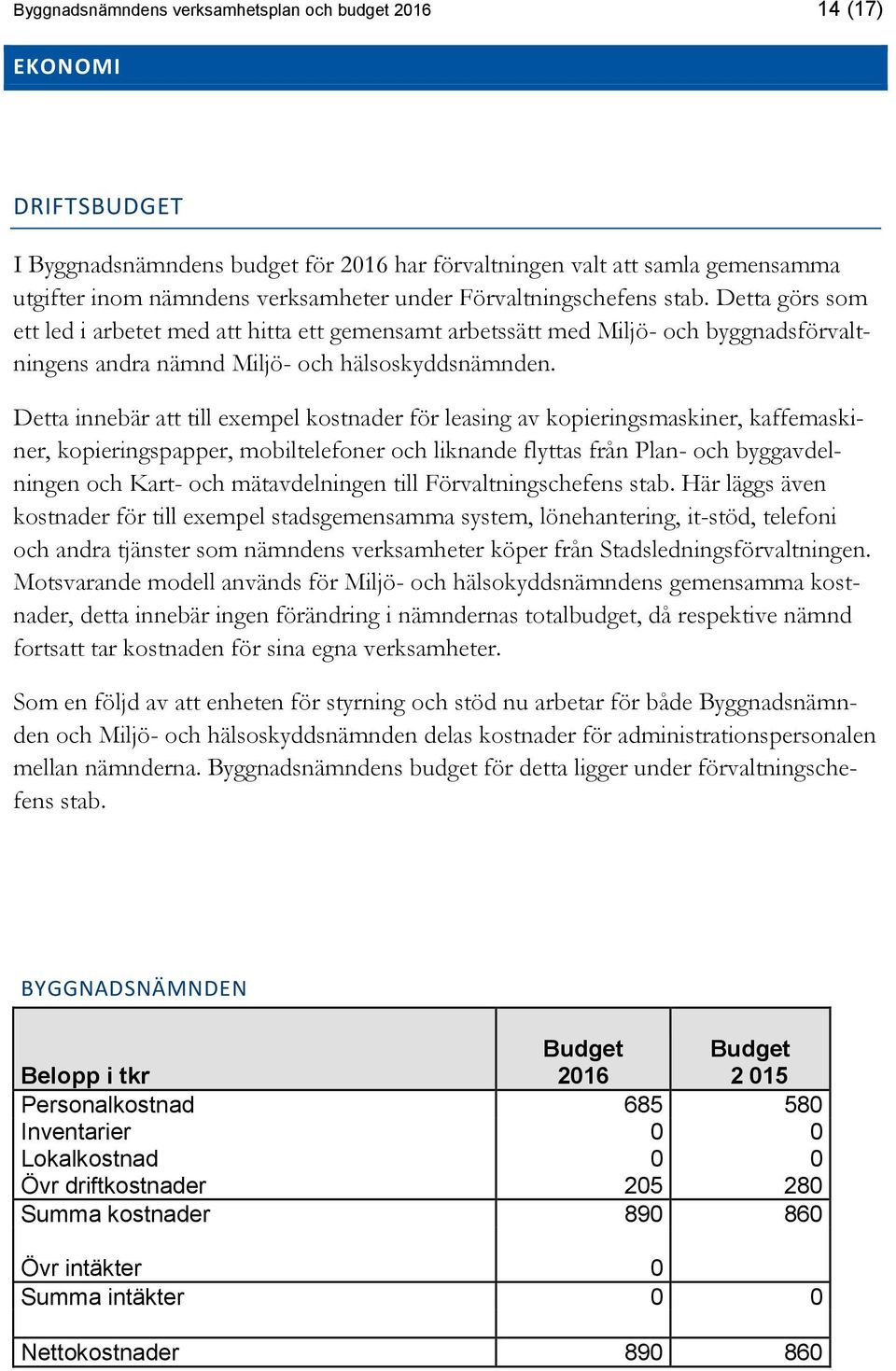 Detta innebär att till exempel kostnader för leasing av kopieringsmaskiner, kaffemaskiner, kopieringspapper, mobiltelefoner och liknande flyttas från Plan- och byggavdelningen och Kart- och