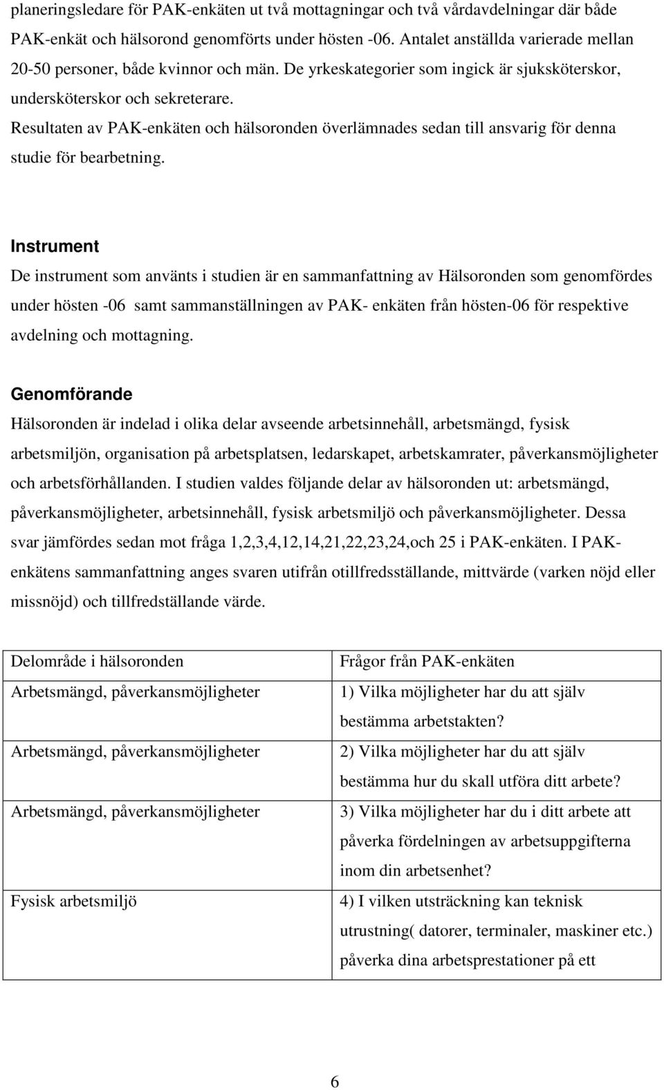 Resultaten av PAK-enkäten och hälsoronden överlämnades sedan till ansvarig för denna studie för bearbetning.