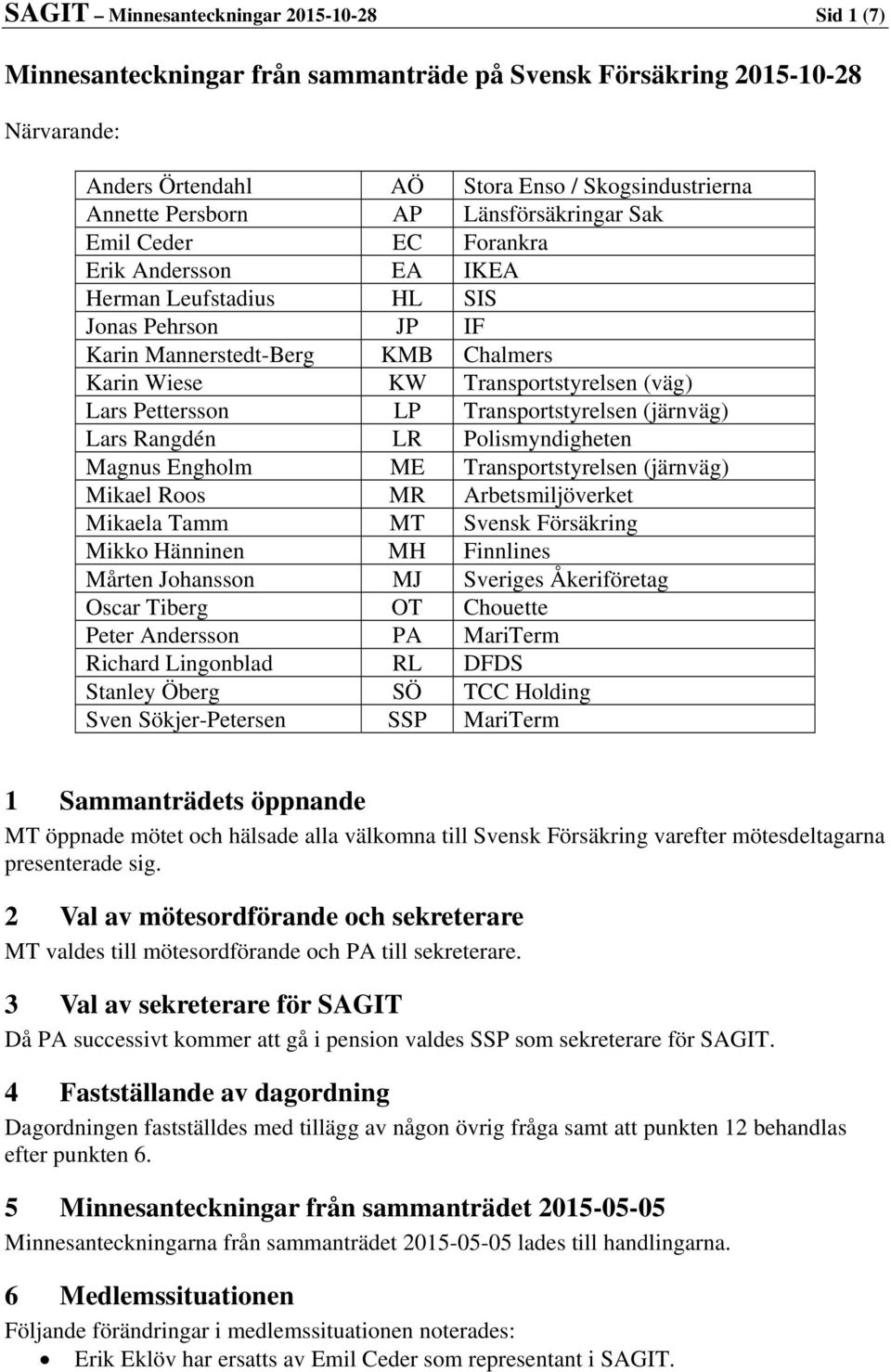 Pettersson LP Transportstyrelsen (järnväg) Lars Rangdén LR Polismyndigheten Magnus Engholm ME Transportstyrelsen (järnväg) Mikael Roos MR Arbetsmiljöverket Mikaela Tamm MT Svensk Försäkring Mikko