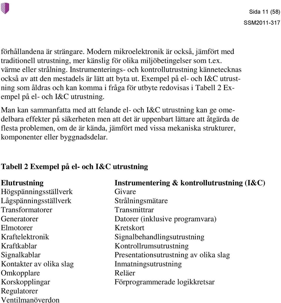 Exempel på el- och I&C utrustning som åldras och kan komma i fråga för utbyte redovisas i Tabell 2 Exempel på el- och I&C utrustning.