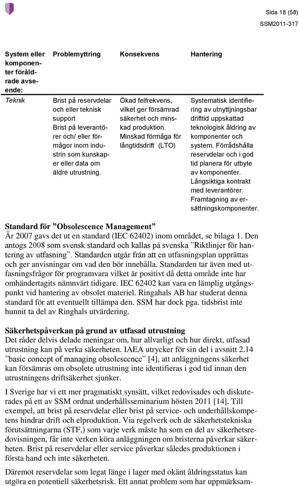 Minskad förmåga för långtidsdrift (LTO) Systematisk identifiering av utnyttjningsbar drifttid uppskattad teknologisk åldring av komponenter och system.