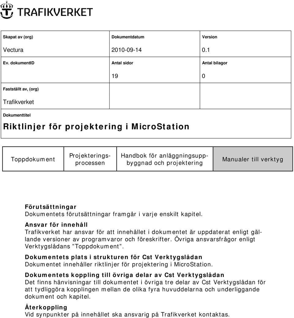 anläggningsuppbyggnad och projektering Manualer till verktyg Förutsättningar Dokumentets förutsättningar framgår i varje enskilt kapitel.