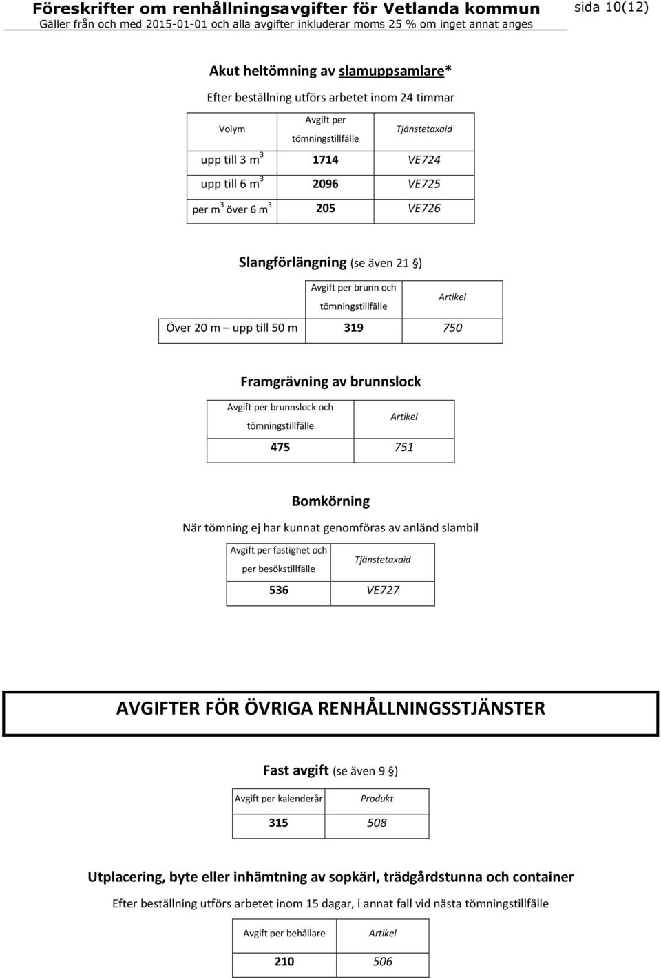 kunnat genomföras av anländ slambil fastighet och per besökstillfälle 536 VE727 AVGIFTER FÖR ÖVRIGA RENHÅLLNINGSSTJÄNSTER Fast avgift (se även 9 ) kalenderår Produkt