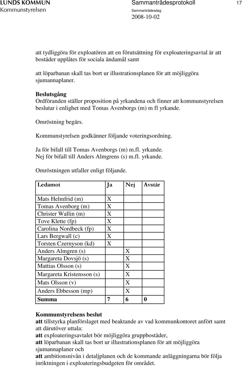 Omröstning begärs. godkänner följande voteringsordning. Ja för bifall till Tomas Avenborgs (m) m.fl. yrkande. Nej för bifall till Anders Almgrens (s) m.fl. yrkande. Omröstningen utfaller enligt följande.