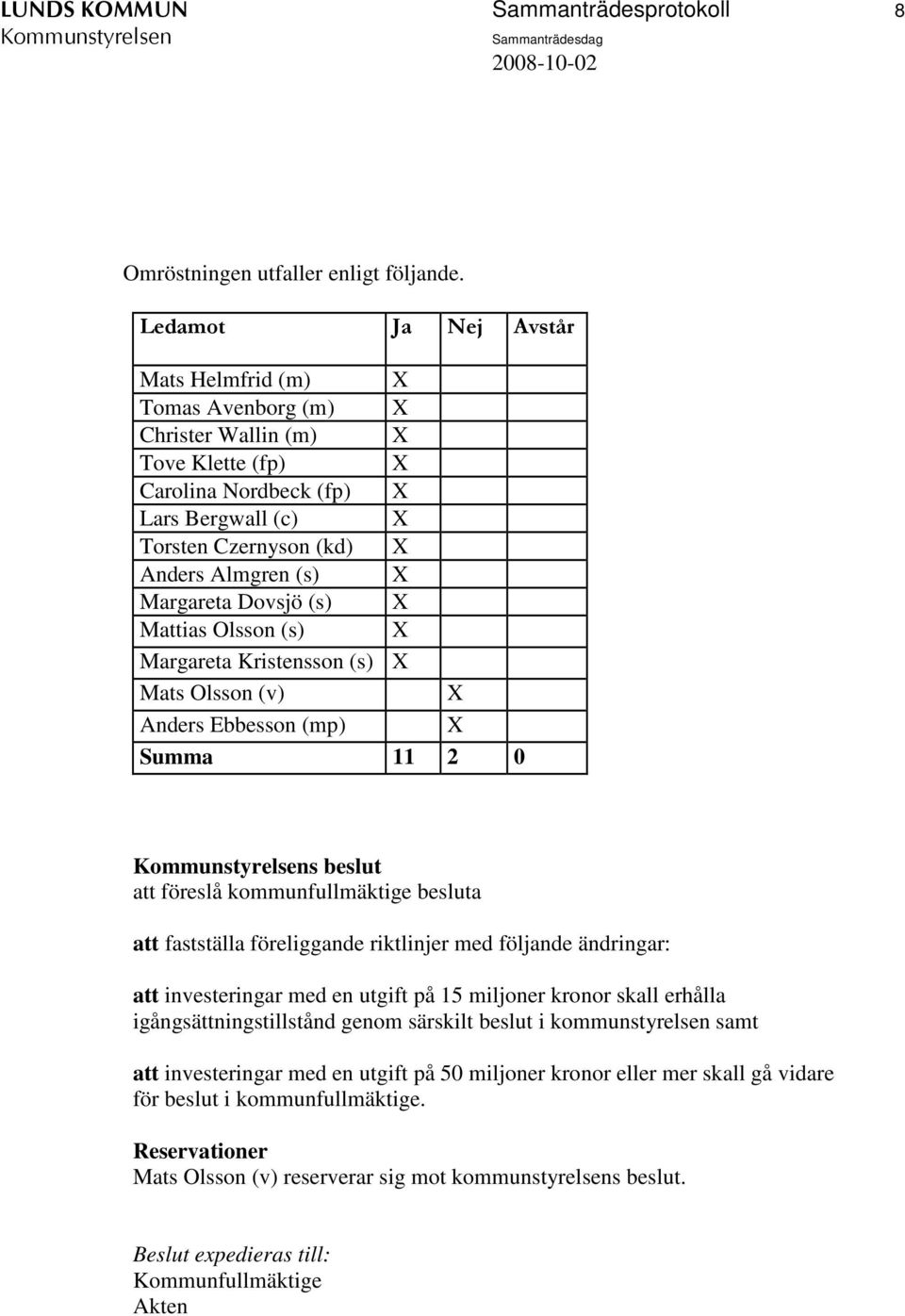 Margareta Dovsjö (s) X Mattias Olsson (s) X Margareta Kristensson (s) X Mats Olsson (v) X Anders Ebbesson (mp) X Summa 11 2 0 s beslut att föreslå kommunfullmäktige besluta att fastställa