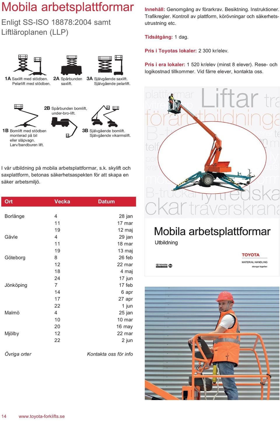 1B Bomlift med stödben Självgående pelarlift. monterad på bil eller släpvagn. Larv/bandburen lift. Pris i Toyotas lokaler: 2 300 kr/elev. 2B Spårbunden bomlift, under-bro-lift.