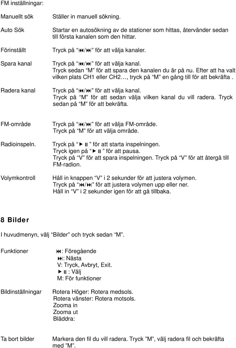 Efter att ha valt vilken plats CH1 eller CH2, tryck på M en gång till för att bekräfta. Tryck på / för att välja kanal. Tryck på M för att sedan välja vilken kanal du vill radera.