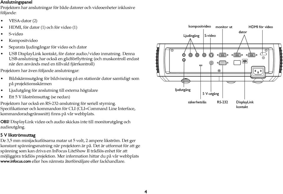 Denna USB-anslutning har också en glidförflyttning (och muskontroll endast när den används med en tillvald fjärrkontroll) Projektorn har även följande anslutningar: Bildskärmsutgång för bildvisning