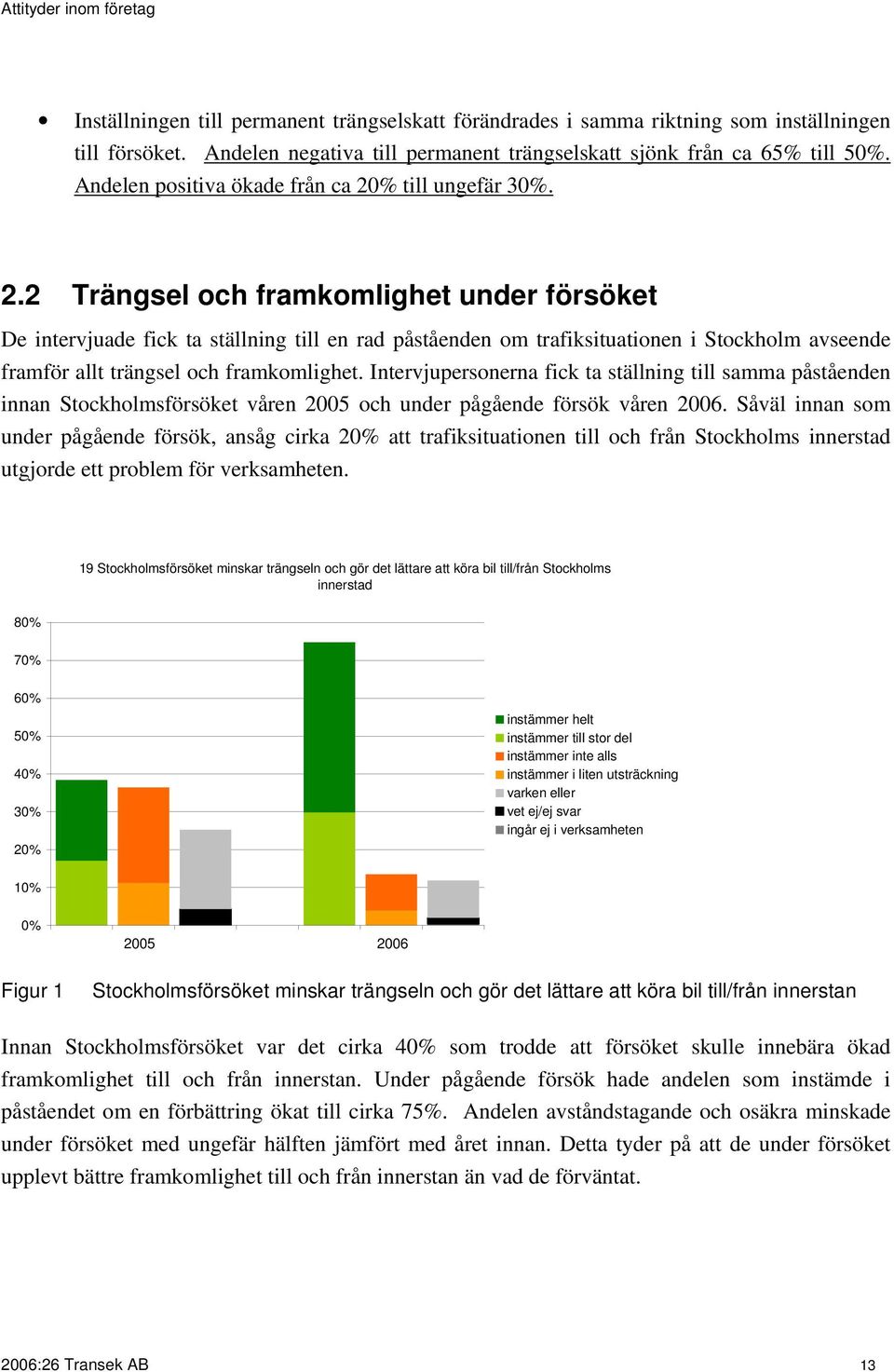 till ungefär. 2.2 Trängsel och framkomlighet under försöket De intervjuade fick ta ställning till en rad påståenden om trafiksituationen i Stockholm avseende framför allt trängsel och framkomlighet.