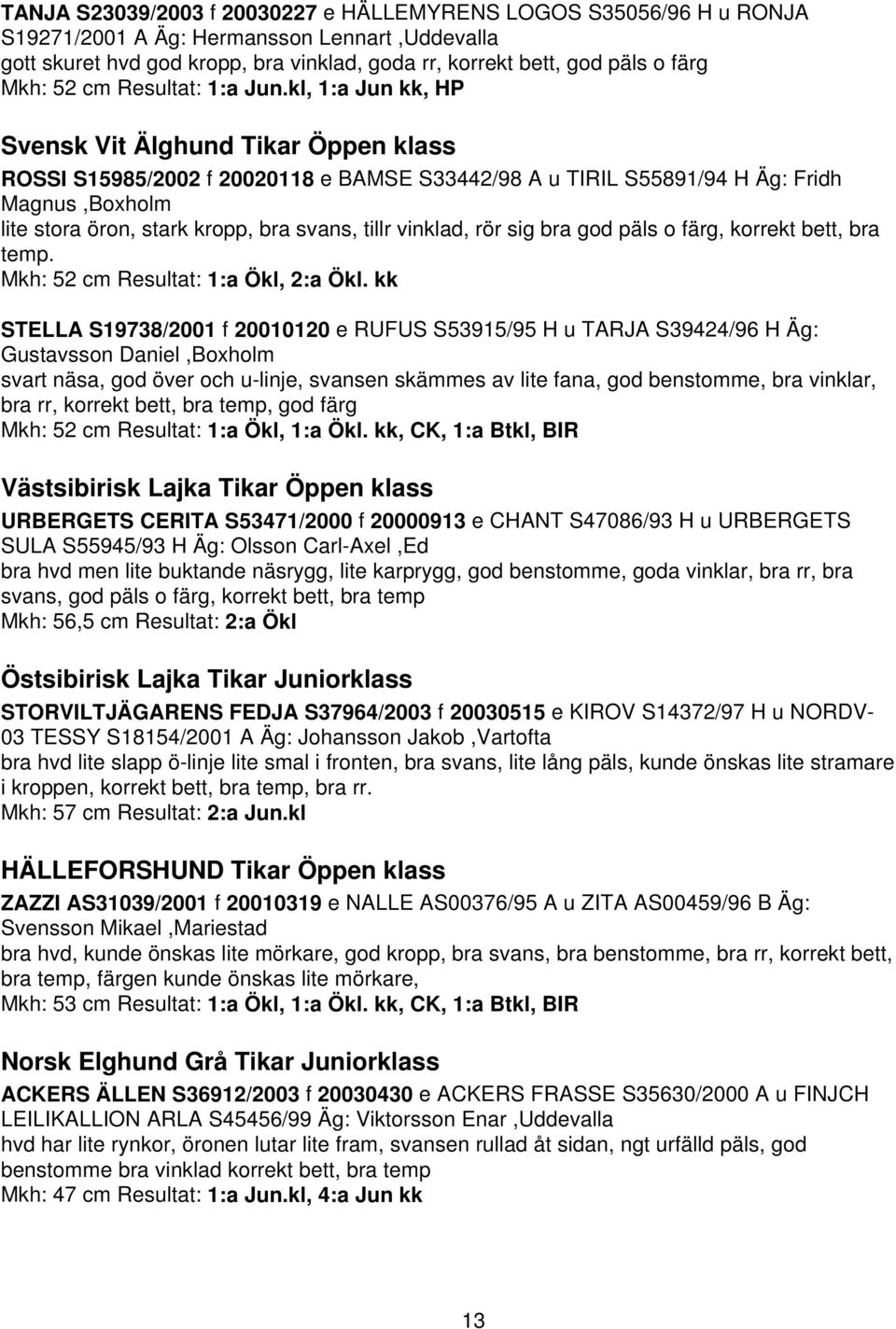 kl, 1:a Jun kk, HP Svensk Vit Älghund Tikar Öppen klass ROSSI S15985/2002 f 20020118 e BAMSE S33442/98 A u TIRIL S55891/94 H Äg: Fridh Magnus,Boxholm lite stora öron, stark kropp, bra svans, tillr