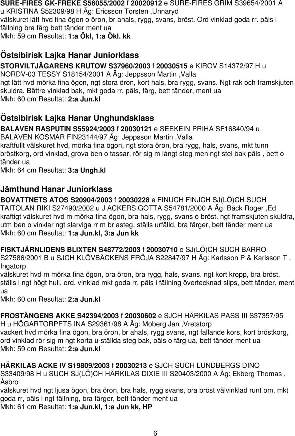 kk Östsibirisk Lajka Hanar Juniorklass STORVILTJÄGARENS KRUTOW S37960/2003 f 20030515 e KIROV S14372/97 H u NORDV-03 TESSY S18154/2001 A Äg: Jeppsson Martin,Valla ngt lätt hvd mörka fina ögon, ngt
