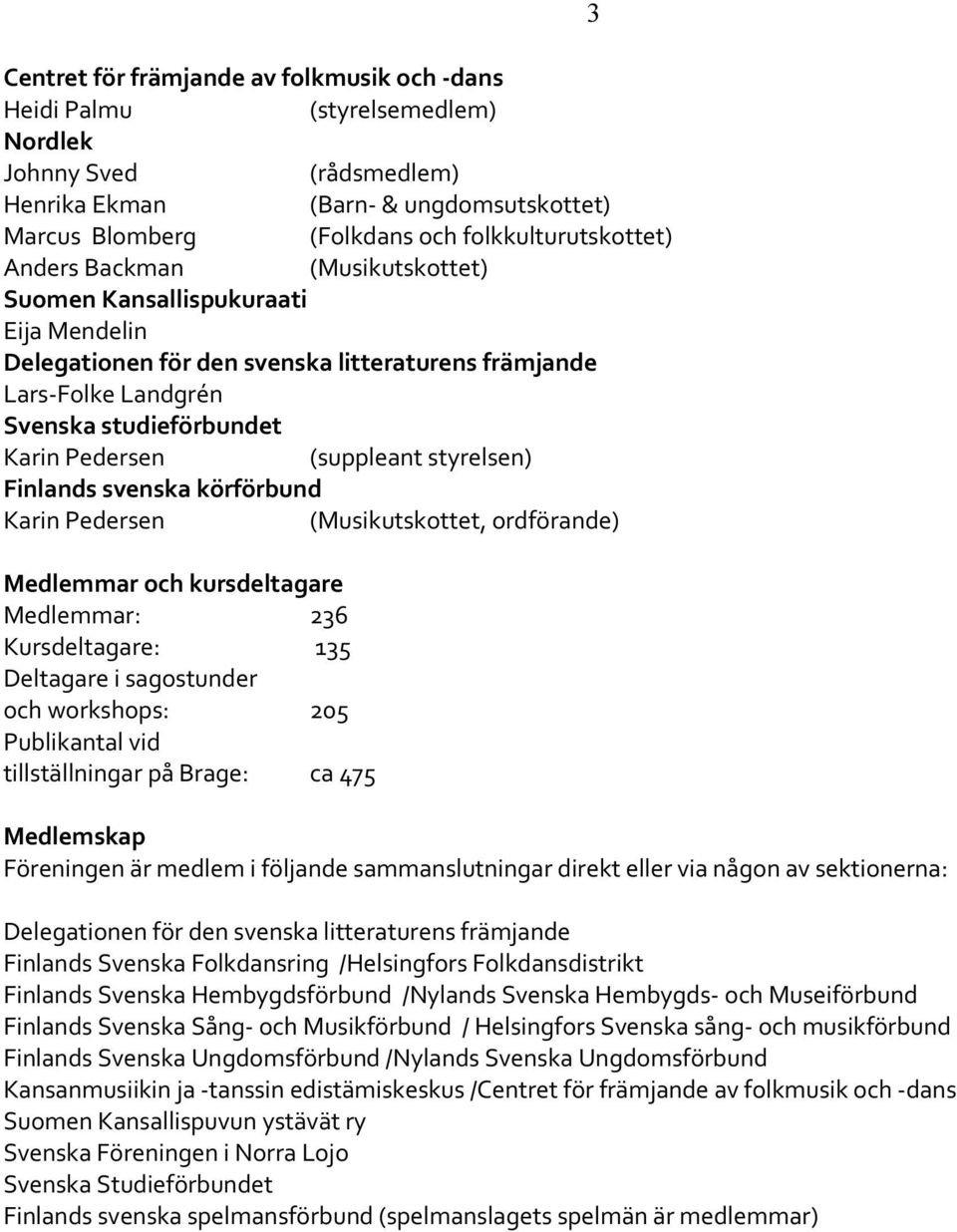 styrelsen) Finlands svenska körförbund Karin Pedersen (Musikutskottet, ordförande) Medlemmar och kursdeltagare Medlemmar: 236 Kursdeltagare: 135 Deltagare i sagostunder och workshops: 205 Publikantal