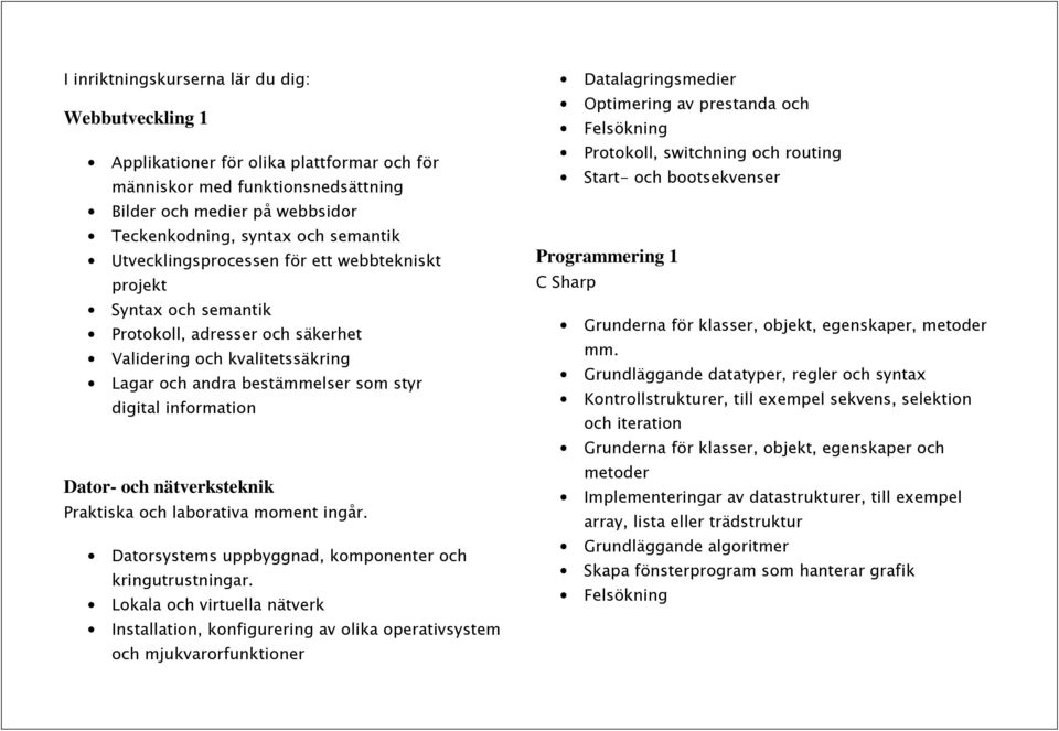 och nätverksteknik Praktiska och laborativa moment ingår. Datorsystems uppbyggnad, komponenter och kringutrustningar.