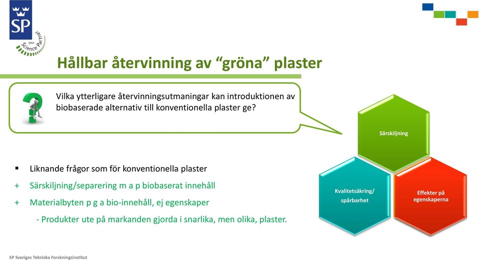 Särskiljning Liknande frågor som för konventionella plaster + Särskiljning/separering m a p biobaserat innehåll