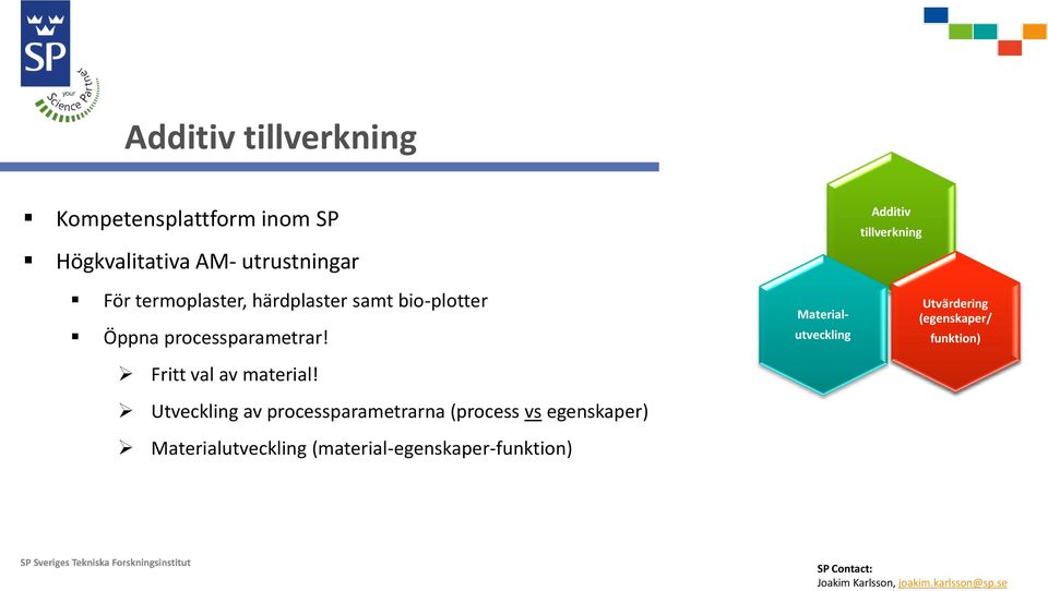 Utveckling av processparametrarna (process vs egenskaper) Materialutveckling