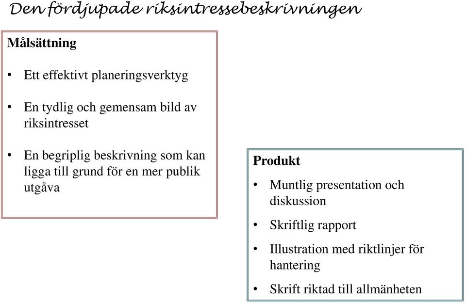 till grund för en mer publik utgåva Produkt Muntlig presentation och diskussion