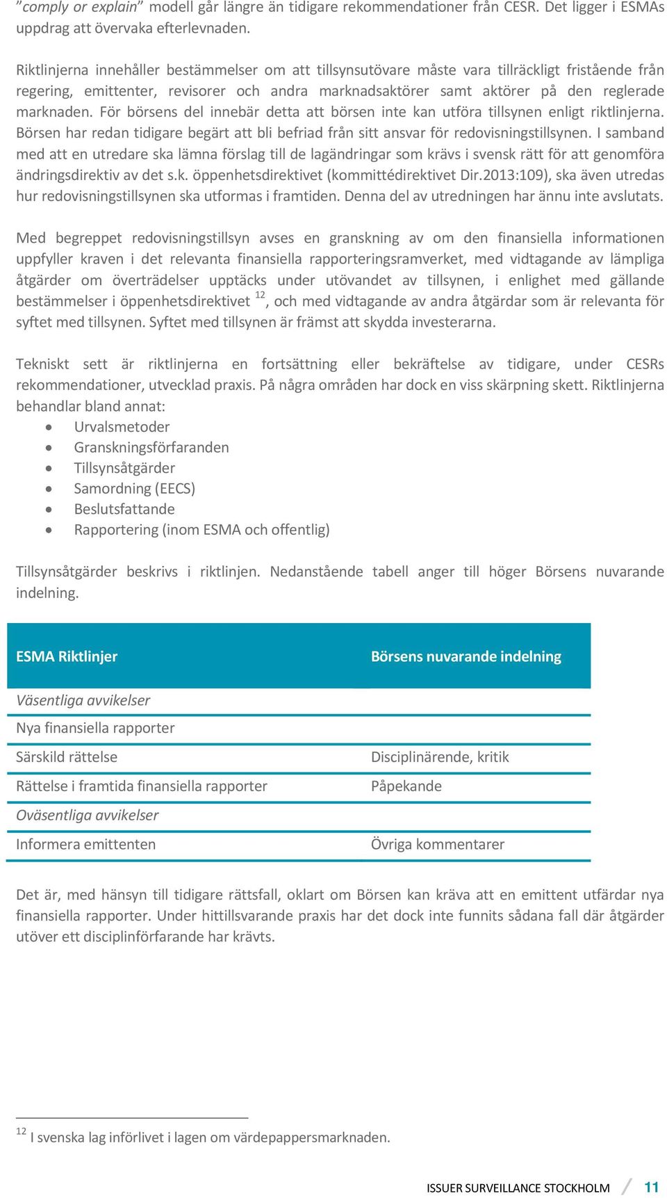 För börsens del innebär detta att börsen inte kan utföra tillsynen enligt riktlinjerna. Börsen har redan tidigare begärt att bli befriad från sitt ansvar för redovisningstillsynen.