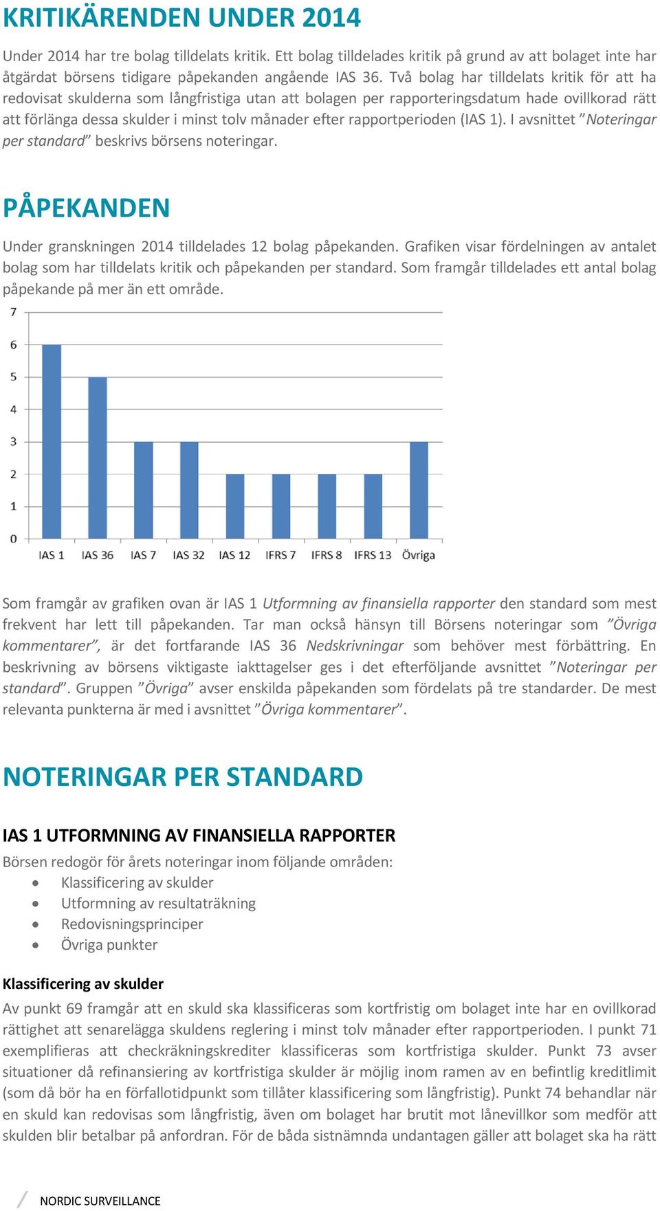 rapportperioden (IAS 1). I avsnittet Noteringar per standard beskrivs börsens noteringar. PÅPEKANDEN Under granskningen 2014 tilldelades 12 bolag påpekanden.