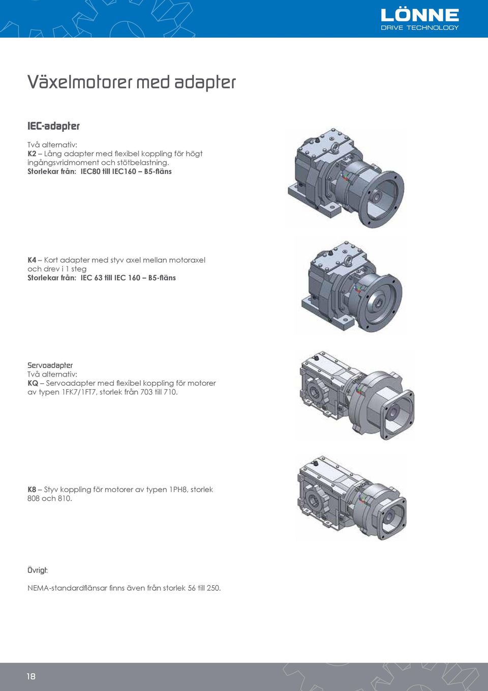 IEC 160 B5-fläns Servoadapter Två alternativ: KQ Servoadapter med flexibel koppling för motorer av typen 1FK7/1FT7, storlek från 703 till