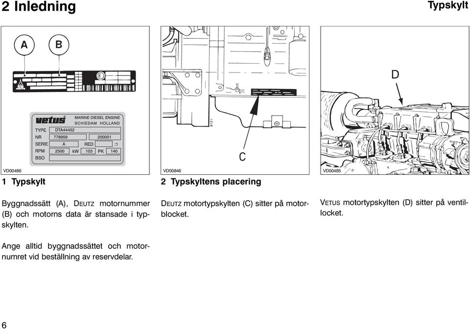 stansade i typskylten. DEUTZ motortypskylten (C) sitter på motorblocket.