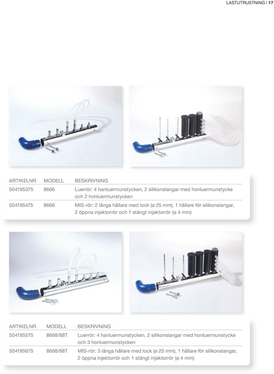 injektorrör (ø 4 mm) ARTIKELNR MODELL BESKRIVNING 504195575 8668/88t Luerrör: 4 hanluermunstycken, 2 silikonslangar med honluermunstycke och 3