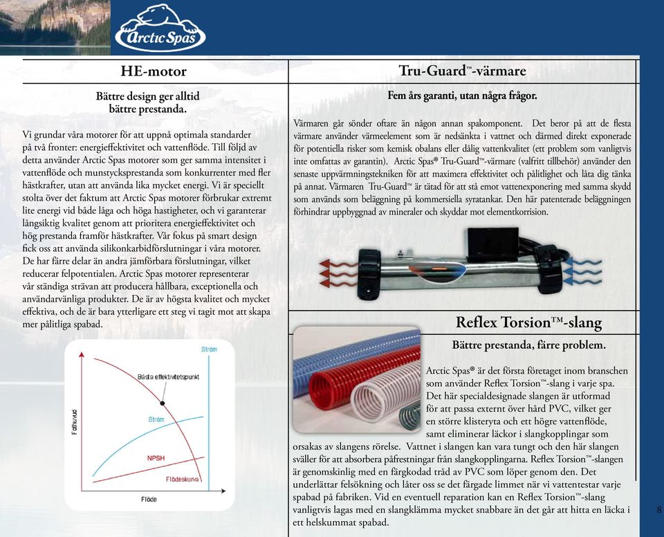 Vi är speciellt stolta över det faktum att Arctic Spas motorer förbrukar extremt lite energi vid både låga och höga hastigheter, och vi garanterar långsiktig kvalitet genom att prioritera