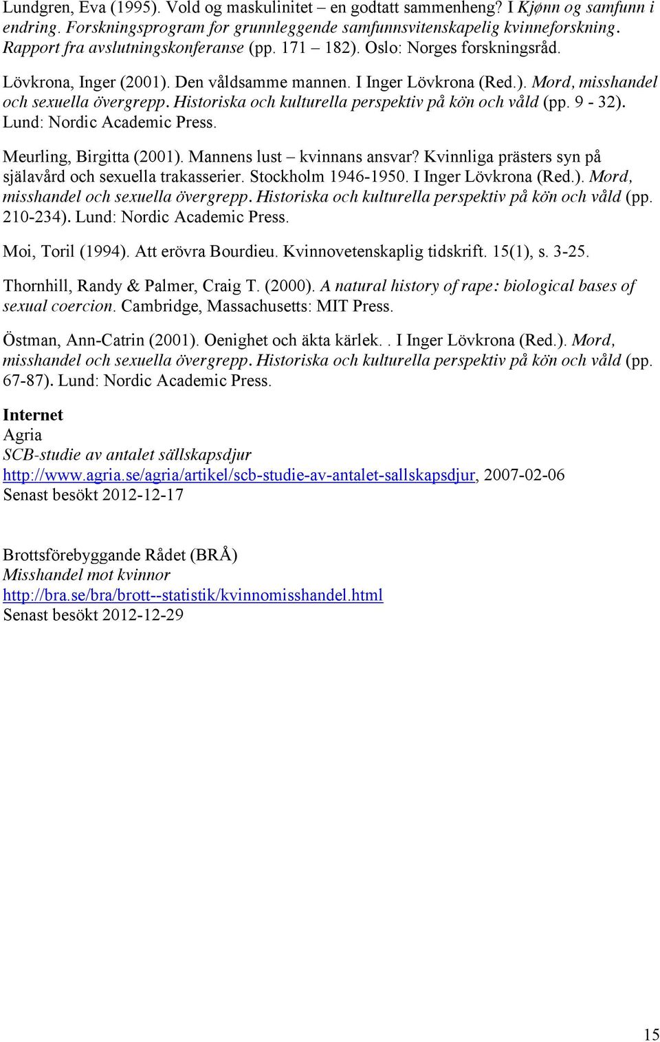 Historiska och kulturella perspektiv på kön och våld (pp. 9-32). Lund: Nordic Academic Press. Meurling, Birgitta (2001). Mannens lust kvinnans ansvar?