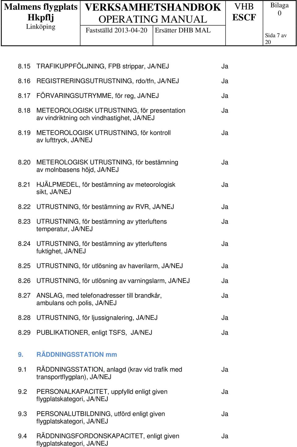 2 METEROLOGISK UTRUSTNING, för bestämning av molnbasens höjd, JA/NEJ 8.21 HJÄLPMEDEL, för bestämning av meteorologisk sikt, JA/NEJ 8.22 UTRUSTNING, för bestämning av RVR, JA/NEJ 8.